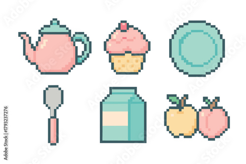 Pixel art illustration featuring a teapot, cupcake, plate, spoon, jar, and two apples in pastel colors.