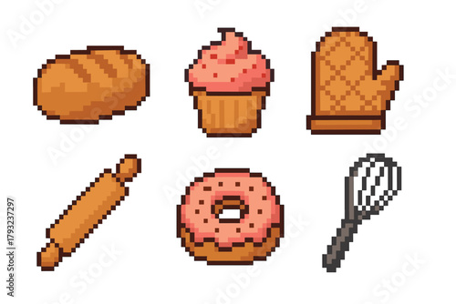 Pixel art icons of bakery-related items including a loaf of bread, a cupcake, an oven mitt, a rolling pin, a donut, and a whisk.