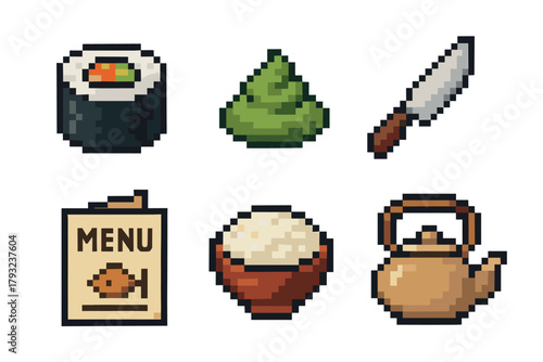 Pixel art depiction of sushi roll, wasabi, knife, menu, rice bowl, and teapot, representing japanese cuisine and dining essentials.