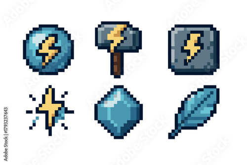 Set of six pixel art fantasy items including a lightning symbol, hammer, stone, bolt, gem, and feather on a white background.