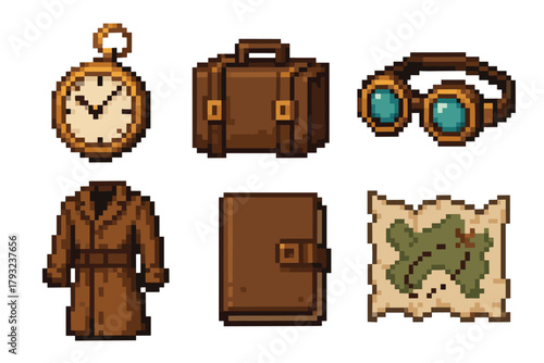 Pixel art collection of vintage adventure items featuring a pocket watch, suitcase, binoculars, trench coat, leather-bound notebook, and a treasure map.