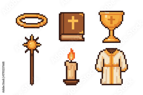 Pixel art icons depicting a golden halo, a cross-embellished book, a chalice, a sun-topped staff, a lit candle, and a priest's robe.