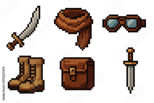Pixel art display of adventure gear including a sword, scarf, goggles, boots, satchel, and dagger on a white background.