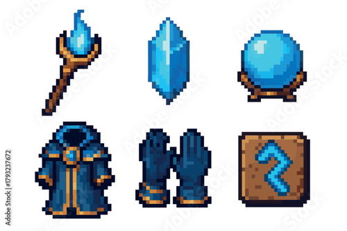 Pixel art icons of magic items including a glowing staff, crystal, crystal ball, robe, gloves, and rune stone in vibrant blue tones.