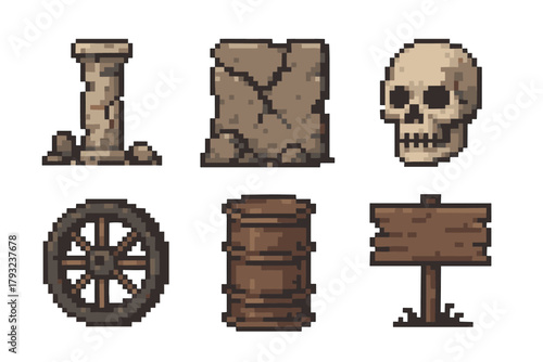 Pixelated images of a broken column, stone slab, skull, wooden wheel, metal barrel, and wooden sign set against a white background.