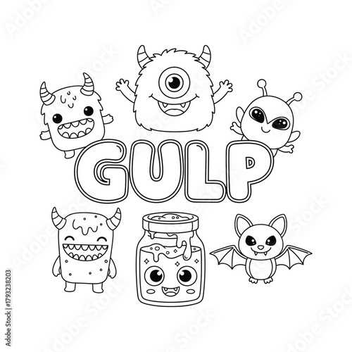 Adorable cartoon monsters and alien with GULP text coloring book page