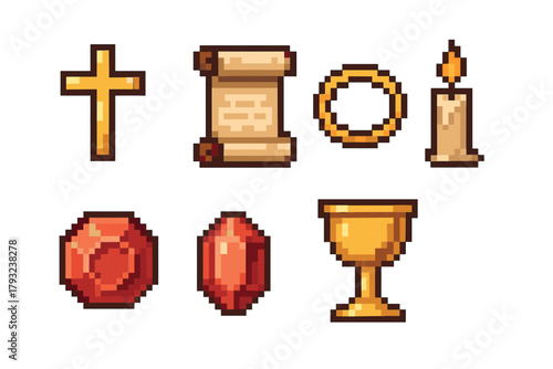 Six pixel art icons exhibiting a cross, scroll, ring, candle, gemstone, and chalice, representing religious and medieval themes in vibrant colors.