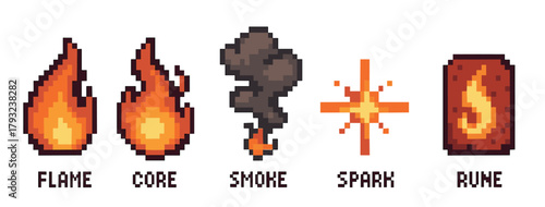 Collection of pixel art depicting a flame, core, smoke, spark, and rune. each element features a retro, 8-bit style with vibrant colors and bold outlines.