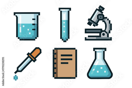 Set of pixel art icons featuring a beaker, test tube, microscope, pipette, notebook, and flask, representing scientific equipment.