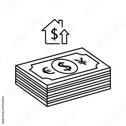 Stack of money with currency symbols and a house icon with an upward arrow