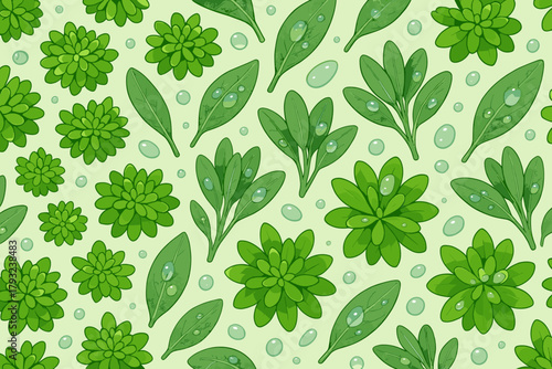 Seamless pattern with green leaves, succulents, and water drops