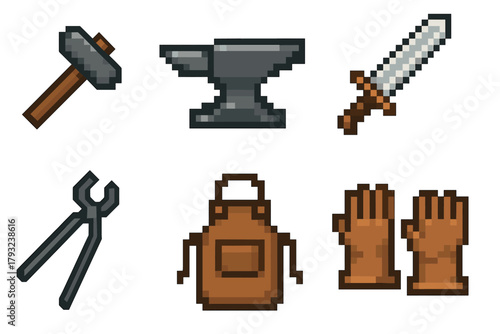 Pixel art icons depicting blacksmith tools, including a hammer, anvil, sword, pliers, apron, and gloves, each with a distinct retro video game style.