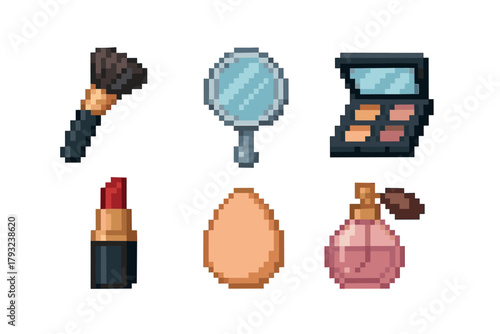 Pixel art icons of makeup items including a brush, mirror, eyeshadow palette, lipstick, blending sponge, and perfume bottle.