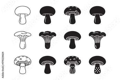 Vector Mushroom line and solid icon set pack outline different style. Symbol, logo