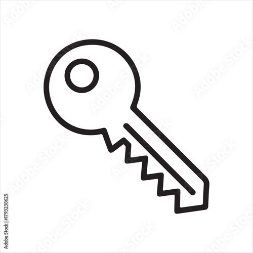 Simple line art icon of a classic key with a jagged bit on a white background