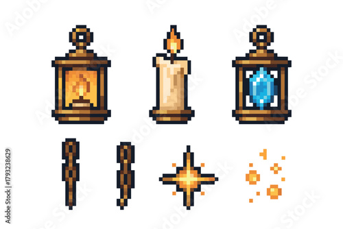 Pixel art representation of lanterns, candle, torch, and glowing particles, each displayed with vibrant colors and simple geometric shapes.
