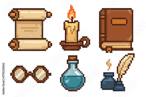 Pixel art icons featuring a rolled parchment scroll, a lit candle in a holder, a closed book, round spectacles, a potion bottle, and an inkwell with quill pen.