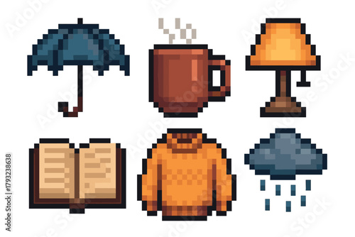 Six pixel art style icons depicting a closed umbrella, steaming coffee mug, table lamp, open book, orange sweater, and a dark rain cloud with raindrops.
