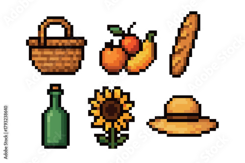 Pixel art images depicting a wicker basket, fruits, a loaf of bread, a green bottle, a sunflower, and a straw hat. each object is intricately designed for a vintage look.