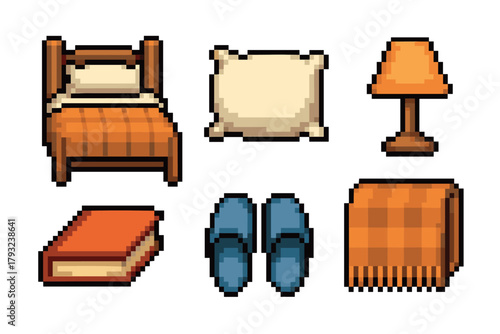 Pixel art illustration featuring a wooden bed with an orange blanket, a beige pillow, a matching orange lamp, a book, blue slippers, and a plaid throw blanket.