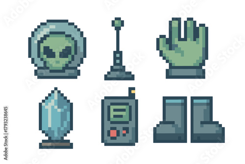Pixel art icons depicting sci-fi elements including an alien helmet, an antenna, a robotic glove, a crystal, a communicator device, and a pair of futuristic boots.