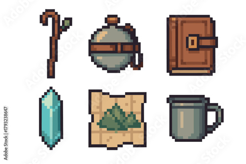 Pixel art icons of a magic staff, a canteen, a leather-bound book, a blue crystal, a treasure map, and a metal mug.