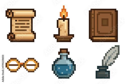 Pixel art icons depicting a scroll, candle, book, glasses, potion, and quill with ink bottle. retro-style elements for fantasy and rpg games.