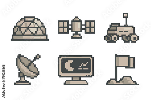 Pixel art icons of a geodesic dome, satellite, rover, satellite dish, moon monitor, and flag on a lunar surface, representing space exploration technology.