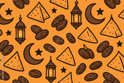 Ramadan Treats – Seamless Iftar Pattern with Lanterns, Dates, Samosas & Moons