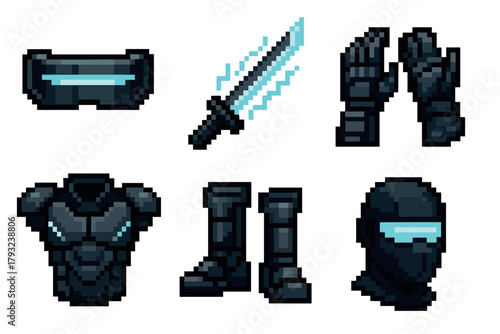 Pixel art illustrations of futuristic combat gear including a helmet, sword, chest armor, boots, gloves, and visor, designed in a retro gaming style.
