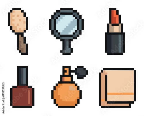 Pixelated icons of beauty items including a brush, mirror, lipstick, nail polish, perfume bottle, and folded towel.