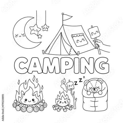 Camping themed black and white line drawing with tent campfire and sleeping bear