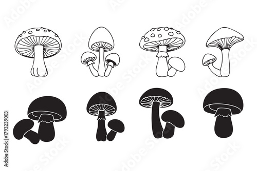 Vector Mushroom line and solid icon set pack outline different style. Symbol, logo