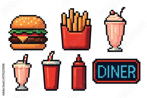 Pixel art illustration depicting a cheeseburger, fries, milkshakes, a soda cup with a straw, a ketchup bottle, and a diner sign, emphasizing a retro diner theme.
