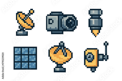 Set of six pixel art style technology icons including satellite dishes, camera, lens, solar panel, and antenna.