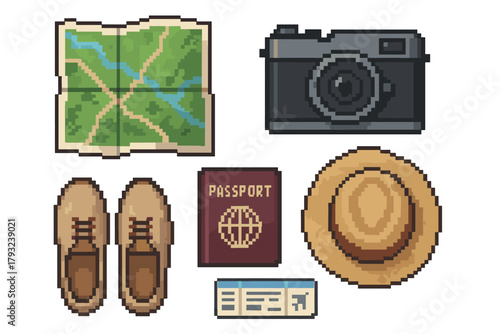 Pixel art travel essentials displayed including a map, camera, shoes, passport, hat, and a boarding pass, symbolizing adventure and exploration.