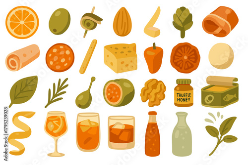 Charcuterie board ingredients and aperitif icon set