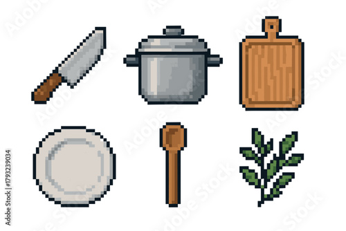 Set of six pixel art kitchen items including a knife, pot, cutting board, plate, wooden spoon, and herb sprig.