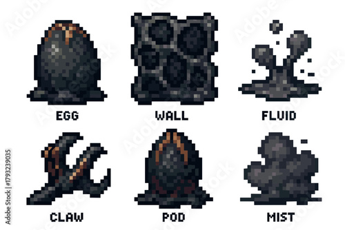 Pixel art depiction of six alien-themed items including egg, wall, fluid, claw, pod, and mist in dark color tones.