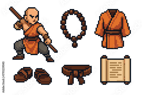 Pixel art martial arts monk with bald head in action pose, accompanied by robe, shoes, beads, stool, and scroll showcasing traditional elements.