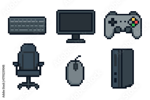 Pixel art of a computer keyboard, monitor, gaming controller, office chair, mouse, and gaming console, depicting essential gaming and computer equipment.