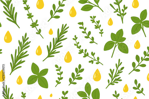 Seamless herbal pattern with glowing oil drops on green