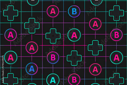 Seamless neon pattern with retro gamepad buttons and D-pads