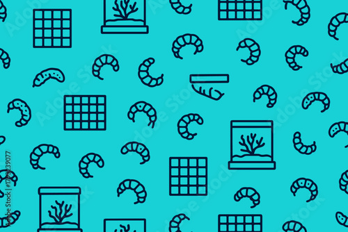 Seamless pattern with shrimp, aquariums, and algae tiles
