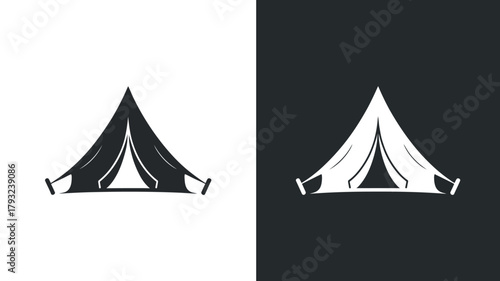 A simple, stylized illustration of a camping tent in silhouette on a split background.