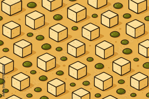 Seamless pattern of tofu cubes and green edamame beans