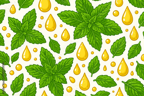 Seamless pattern with mint leaves and essential oil drops