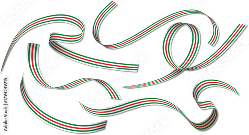 Set of flowing ribbons with green, white and red stripes.