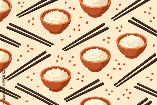 Seamless pattern of rice bowls, chopsticks, and scattered grains on a light background