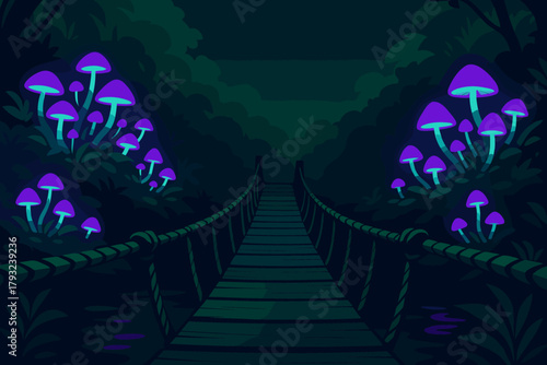 Glowing mushrooms along a rope bridge in an enchanted forest at night